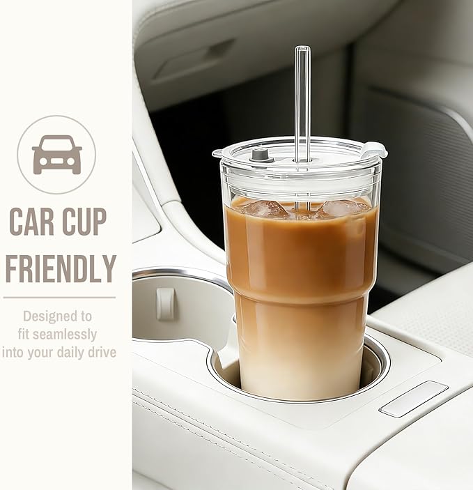 SoulTimes 20oz Glass Tumbler with Lid and Glass Straw –Set of 4, Clear Reusable Iced Coffee Cup, Drinking Glass for Coffee, Tea, Juice, Smoothies – Durable & Elegant Glassware
