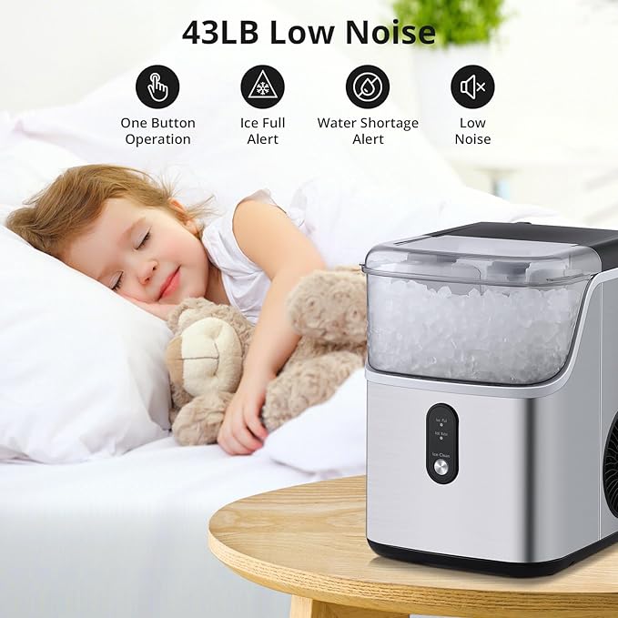 Nugget Ice Maker 36Lbs/24H Countertop Chewable Ice Machine, Self-Cleaning, Low Noise Stainless Steel Soft Ice Cubes Machine for for Home, Office, RV (Silver)