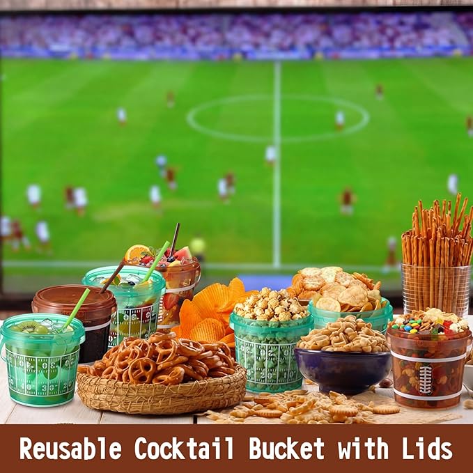 12 Set 25 oz Football Field Plastic Drink Buckets with Straws Handles Lids Reusable Cocktail Rum Buckets 750ml Smoothie Milk Tea Cups Food Containers Pails Sport Party Supplies