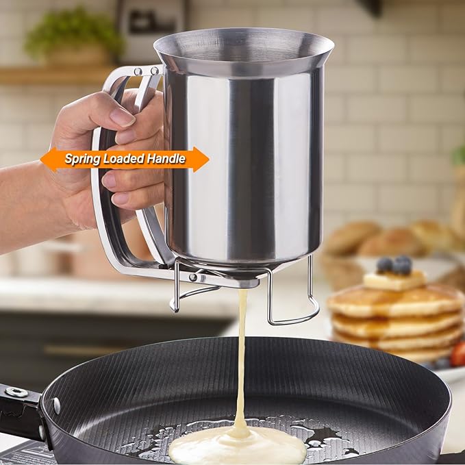 Joyeee 24oz Pancake Batter Dispenser, Stainless Steel Batter Dispenser with Squeeze Handle, Durable, Leak-Free and Easy to Clean, Great for Cupcakes, Waffle