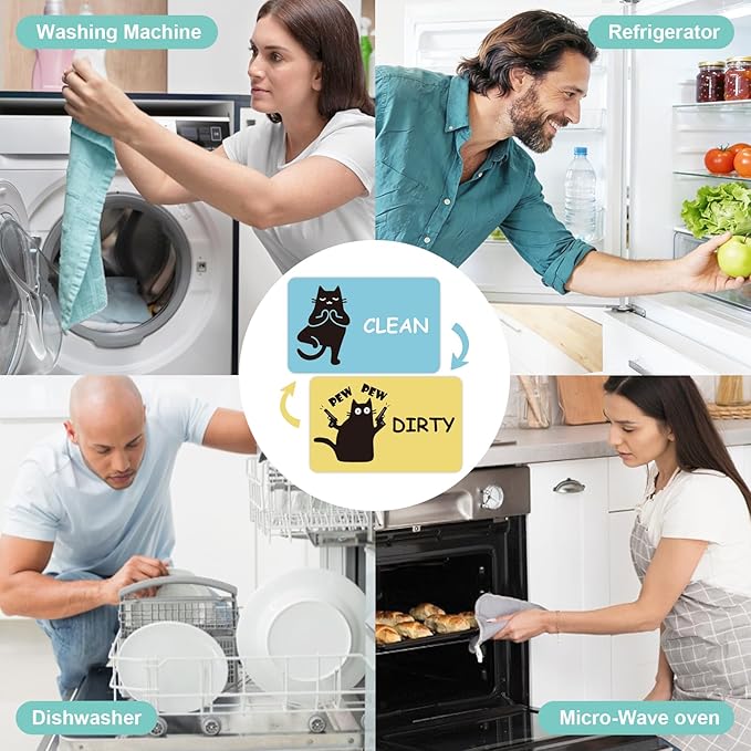 Funny Black Cat Clean Dirty Dishwasher Magnet - Cute Refrigerator Kitchen Magnet, Non-Scratch Strong Double Sided Washing Machine Sign, Housewarming Gifts for Cat Lovers, Home Apartment Essentials (Blue&Yellow)