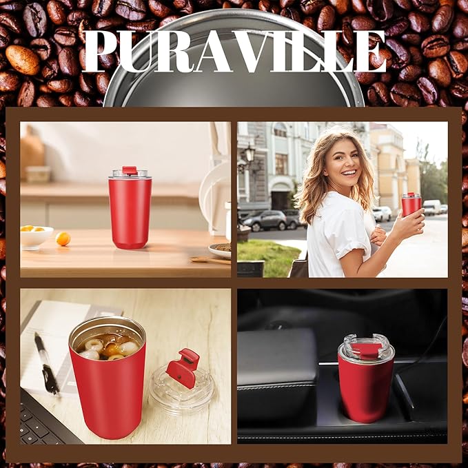 Puraville Insulated Tumblers with Lid, 14 oz Travel Coffee Mug Stainless Steel Vacuum Cup, Leak Proof Reusable Double Walled Coffee Tumbler for Iced and Hot Drinks, Red