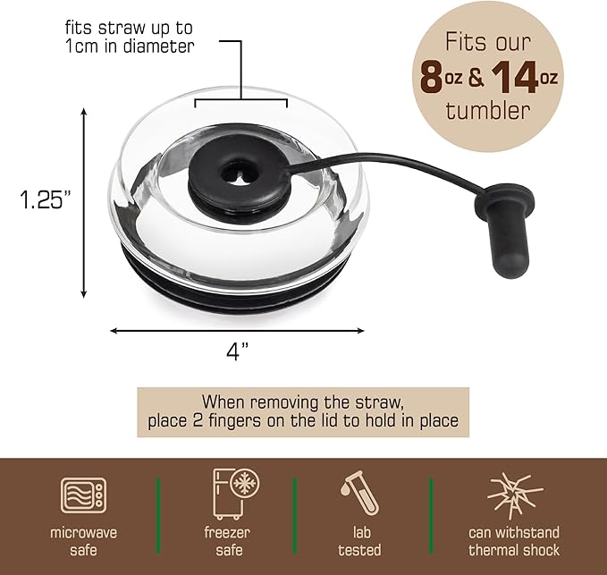 Tupkee Double Wall Glass Tumbler Straw Lid - For Hand Blown Glass Travel Mug, 14-Ounce & 8-Ounce, Black