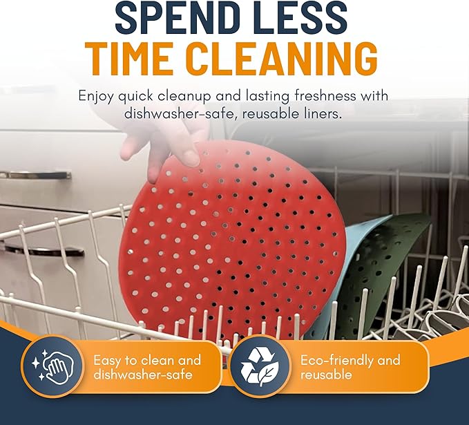 Reusable Round Silicone Air Fryer Liners (8 Inch, 3 Pack) by Linda’s Essentials - Non-Stick, Easy-Clean Accessories with Cheat Sheet & Recipe Book, Perfect for Quick Meals