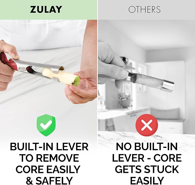 Zulay Kitchen Ultra Sharp Apple Corer Tool - Stainless Steel, Sharp & Serrated Blade Cores in Seconds - Easy to Use & Clean, Durable Apple Core Remover for Apples & Small Fruits - 2 Pack Black & Red