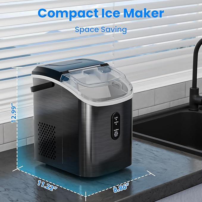 Antarctic Star Nugget Ice Makers Countertop with Self-Cleaning, 35lbs/24H, Portable Sonic Ice Maker Machine with Handle/Basket/Scoop for Home, Kitchen, Office, Camping(Stainless Steel Black)