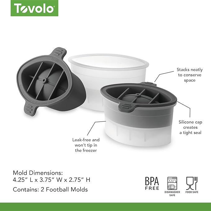 Tovolo Football Ice Cube Mold Pack of 2 Large Craft Ice Molds for Whiskey Bourbon Cocktails Drinks, Dishwasher Safe BPA Free Silicone Ice Mold Football Themed Gifts for Fans, Coaches, Men