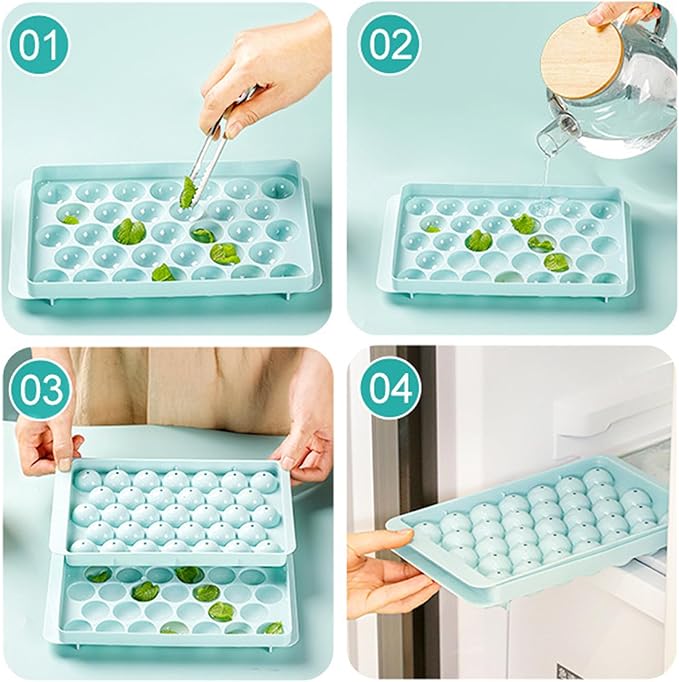 Round Ice Cube Tray with Lid, Mini Ice Ball Maker Mould for Freezer 33 Reusable Sphere Circle Ice Making Mold Easy Release for Water Cocktail Whiskey Coffee (Blue)