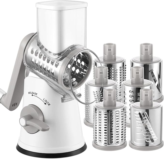 Geedel Rotary Cheese Grater Cheese Shredder - Upgraded 6-in-1 Cheese Grater with Handle and Strong Suction Base, Multi-purpose Vegetable Slicer Ice Shaver Nuts Grinder for Ice, Vegetables, Fruit