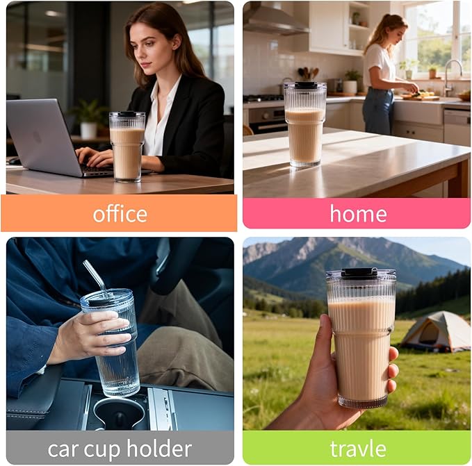 BLUEPOLAR 450ml/15oz Ribbed Glass Tumbler,Thickened Glass Cup with Leak-Proof Lid & Straw, BPA-Free, Suitable for Coffee, Matcha, Juice - Fits Car Cup Holder, Office & Travel Use (Clear)