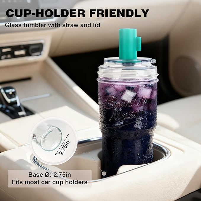 ANOTION Bamboo Mason 24oz Glass Tumbler with Straw Leakproof Lid, Cap Cup Mason Jar 4 Color Caps, Self-Assembly Leak-Proof Lid Straw, Reusable Iced Coffee Cup, Mason Jar Drinking Glass Coffee Gifts