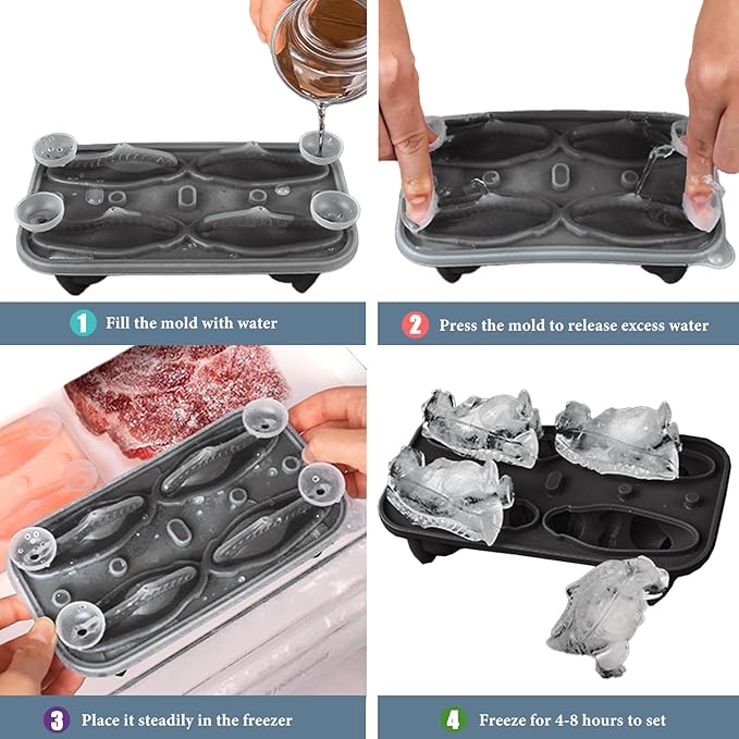 Dinosaur Ice Cube Tray,Silicone Ice Trays for Freezer,Ice Cubes Maker Mold with Lid,Easy Release,BPA Free,Perfect For OXO,Whiskey,Cocktail Drink (Balck)