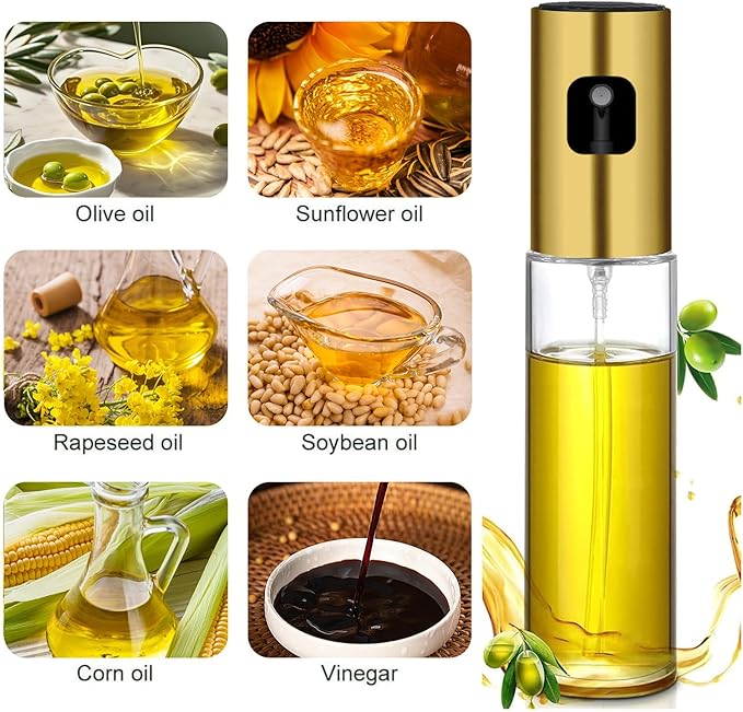 Glass Oil Sprayer Bottle for Cooking, Refillable Fine Mist Sprayer for Air Fryer, BBQ, Salad Spray, Leak Proof Kitchen Oil Dispenser with Dishwasher Safe Design (Gold)