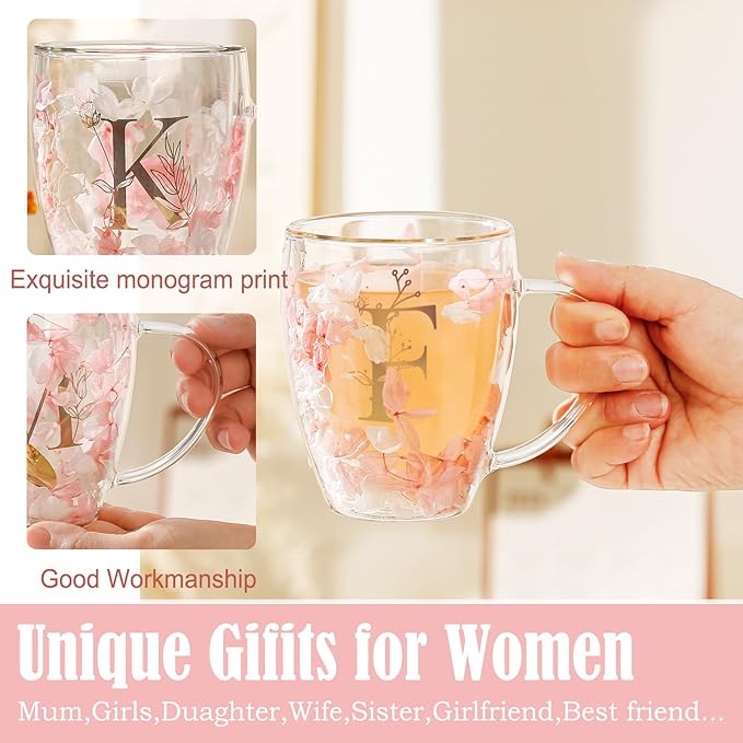 Personalized Gifts for Women Flower Glass Coffee Mug Initial Tea Cup Monogrammed Customized Bridesmaid Bride Wedding Gifts Graduation Gifts Valentine Mother's Day Birthday Christmas Gift (F)
