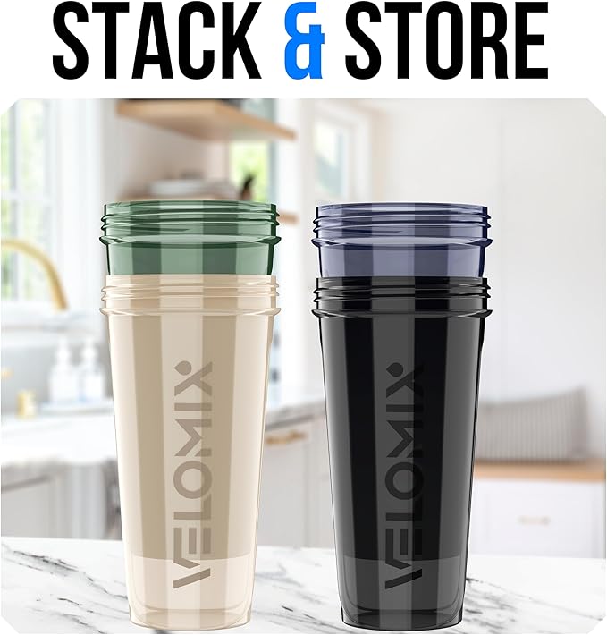 VELOMIX -4 PACK 28 Oz Protein Shaker Bottle for Protein Mixes - 4x Wire Whisk | Leak Proof Shaker Cups for Protein Shakes | Large, Stackable Protein Shaker Bottle Pack | Dishwasher Safe (Forest Edge)