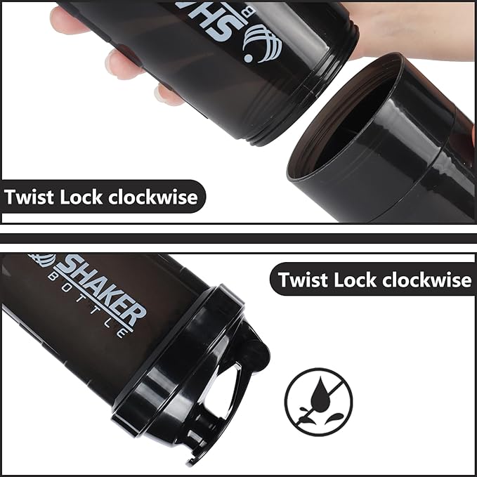 Protein Shaker Bottle,Sports Water Bottle,Leak Proof Shake Bottle For Protein Mixer- Non Slip 3 Layer Twist Off 3oz Cups with Pill Tray - Protein Powder 16 oz Shake Cup with Storage,Black