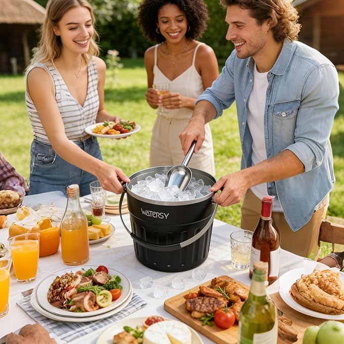 WATERSY Insulated Ice Bucket(8 Quart / 7.6 L) with Lid, Scoop, Ice Tong,Wall Vacuum Stainless Steel, Black