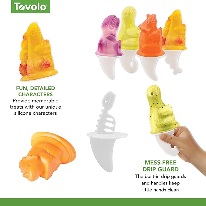 Tovolo Dino Ice Pop Molds Set of 4 Silicone Popsicle Molds with Sticks for Kids, Dishwasher Safe Dinosaur Popsicle Molds for Frozen Treats Snacks, BPA Free Silicone Dino Ice Pop Maker