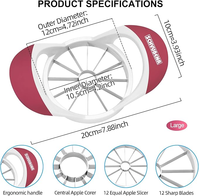 SCHVUBENR 12-Blade Apple Slicer and Corer - 4.72 Inch Sharp Stainless Steel Apple Cutter - Professional Apple Divider Tool for Quick Slices - Easy to Use & Clean - Slice Fruits with Ease - Pink
