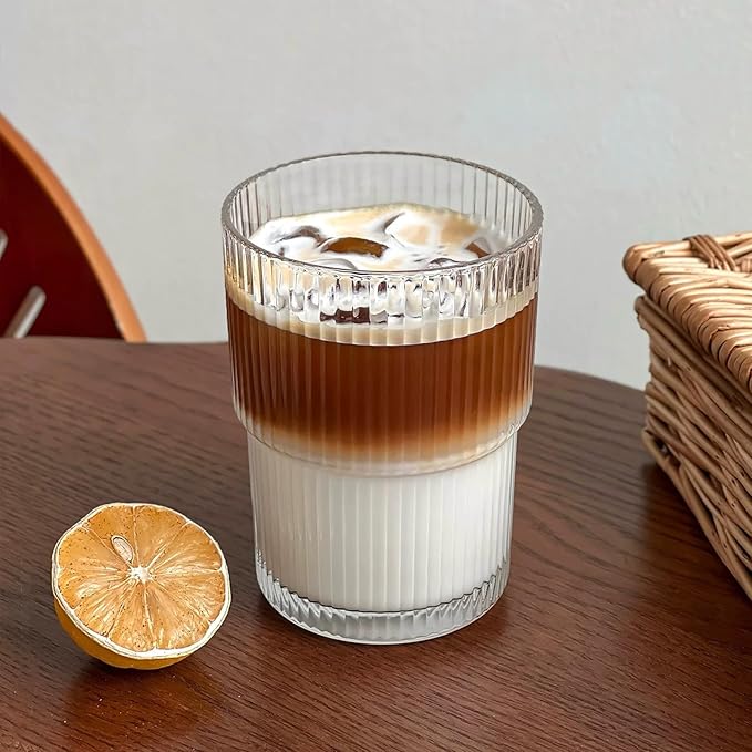 13oz Iced Coffee Cups,4Pcs Glass Cups with Lids and Straws,Drinking Glasses Clear Ribbed Glassware,Reusable Tumbler Glass to Go Cup for Matcha, Iced Tea,Juice