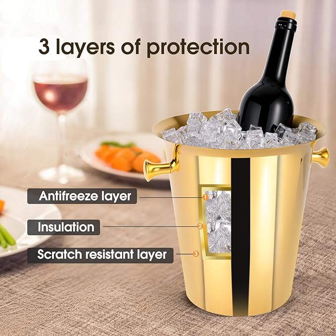 5 Liter Outdoor Gold Ice Bucket with Scoop, Stainless Steel Ice Bucket, Cocktail Bar Wine Party Beverage Cooler, Champagne Bucket,Home Bar Accessory - (Gold)