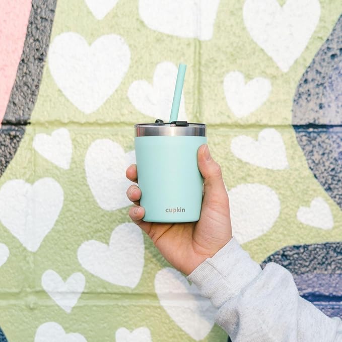 CUPKIN Toddler Straw Cups, The Original 8 oz Stackable Stainless Steel Cups for Kids, Set of 2 Powder Coated Insulated Straw Cup & BPA Free Lids + Reusable Silicone Straws (8oz Peach + Teal)