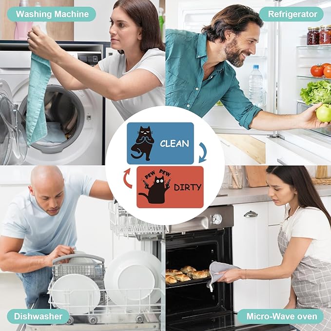 Funny Black Cat Clean Dirty Dishwasher Magnet - Cute Refrigerator Kitchen Magnet, Non-Scratch Strong Double Sided Washing Machine Sign, Housewarming Gifts for Cat Lovers, Home Apartment Essentials (Blue&Red)