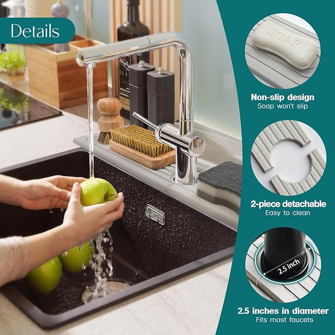 Eormoe Stone Faucet Mat for Kitchen Sink โ Diatomite Drying Stone Mat & Sink Protector, Prevents Moisture โ Sink Splash Guard Water-Absorbing Stone Tray for Bathroom Counter (Light Grey, 20" x 3.9")