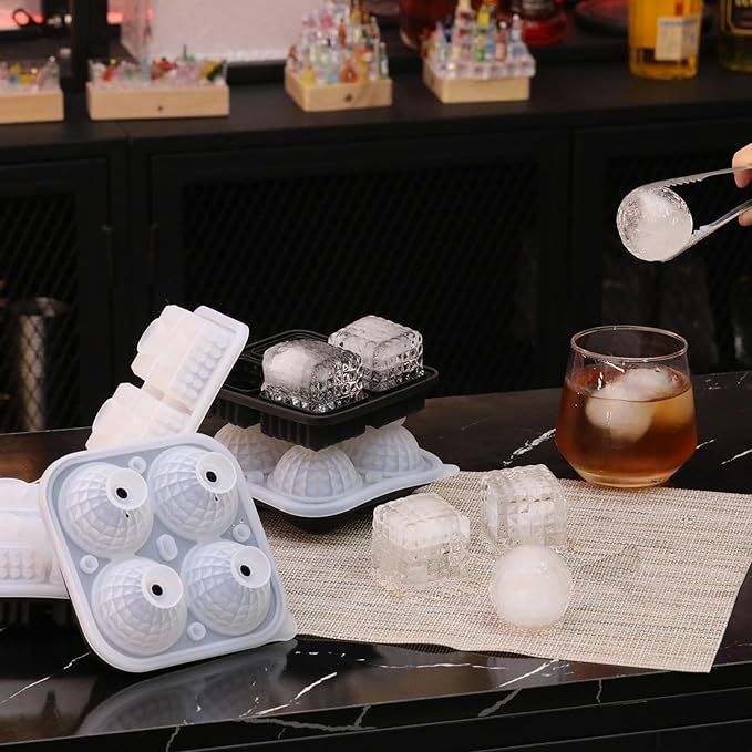 Hoolerry 2 Pcs 3D Golf Gifts Ball Ice Maker Mold 2.2" Large Square Sphere Silicone Ice Cube Tray 4 Hole Fun Shapes Big Ices Cube Mold with Funnel for Whiskey Cocktails Bourbon Chilling