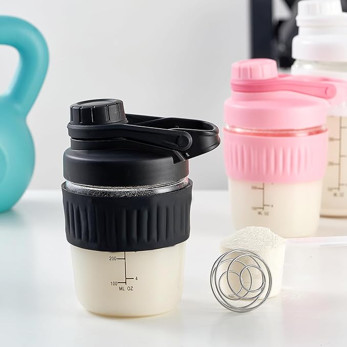 12oz Glass Shaker Bottle for Protein, 2 Pack Small Borosilicate Glass Protein Powder Leak-Proof Shaker Cup Mixes with 304 Blending Ball(12oz,Black)
