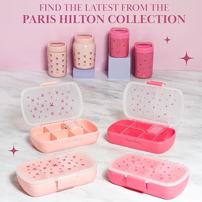 Paris Hilton Stainless Steel Food Jar, Double Wall Vacuum Sealed Insulated Food Storage Container with Carry Handle Lid, 12-Ounce, Pink with Heart Design