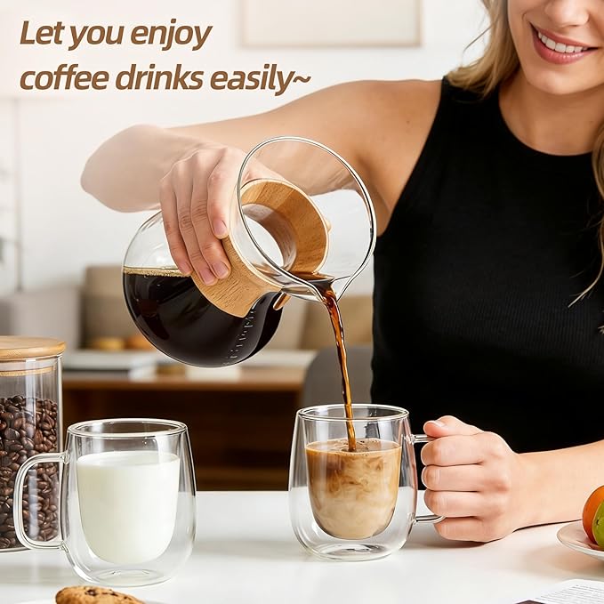 12 OZ Glass Coffee Mug Pack of 4, Double Wall Glass Mug with Handle Insulated Clear Glass Coffee Cup for Espresso, Cappuccino, Latte, Americano, Tea
