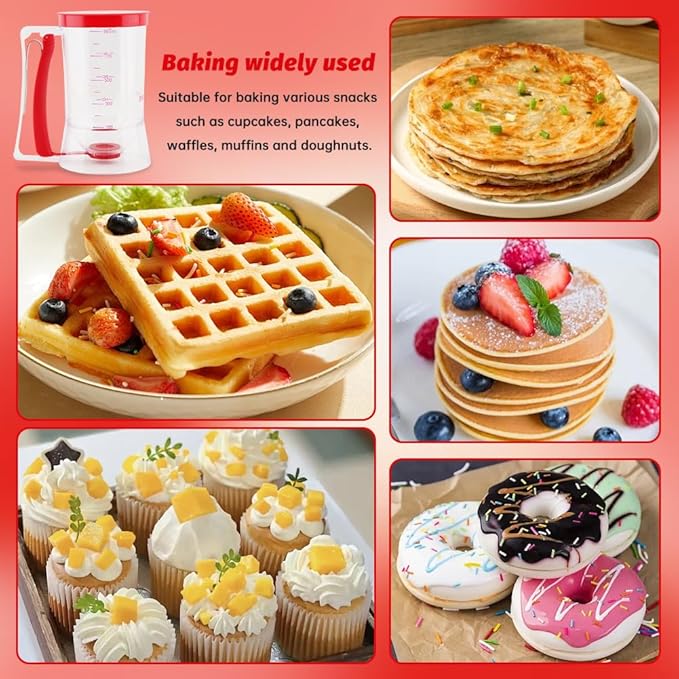 4 Cup Pancake Batter Dispenser With 1 Cupcake Batter Dispenser Scoop, Pancake Maker with Measuring Label And Squeeze Handle,for Pancakes, Cupcake, Waffle, Muffin Mix(red)