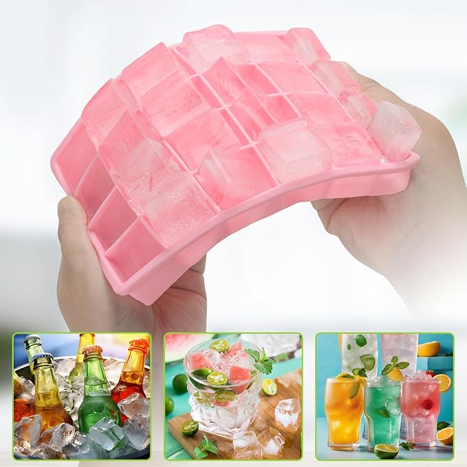 Silicone Ice Cube Tray, Easy Release Flexible Ice Cube Tray with Removable Lid, 24 Small Ice Cub Per Tray for Whiskey, Freezer, Cocktail, Reusable & BPA Free (Pink+Green)