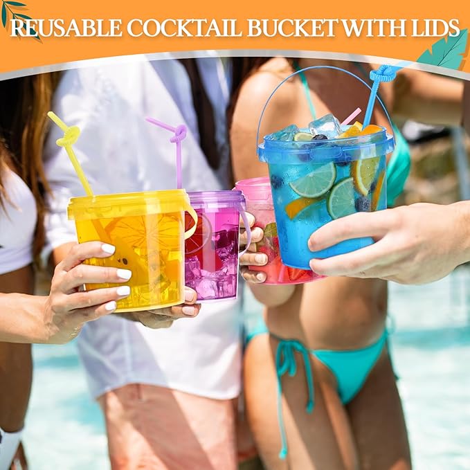 Funnymoom 60 Pack 25 oz Plastic Rum Buckets Bulks for Drinks with Straws Reusable Ice Cream Cocktail Cups Neon Party Bucket with Lids Handles Food Containers Cup for Summer Beach Bar Beer