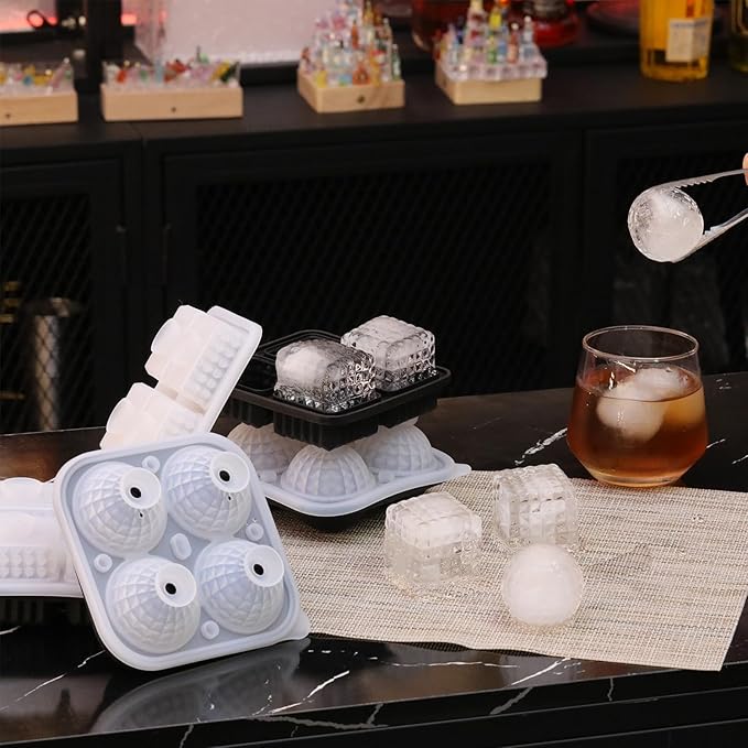 Hoolerry 2 Pcs 3D Golf Gifts Ball Ice Maker Mold 2.2" Large Sphere Round Silicone Ice Cube Tray 4 Hole Fun Shapes Big Ices Cube Mold with Funnel for Whiskey Cocktails Bourbon Chilling