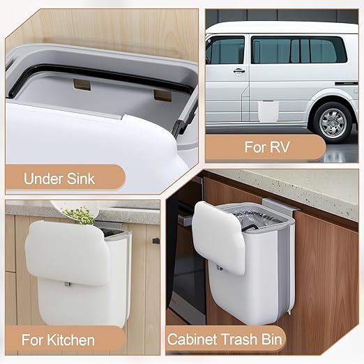 1 Pcs Foldable Hanging Trash Can, 2.6 Gallon Wall Mounted Kitchen Waste Bin with Lid Foldable Plastic Waste Bin Expandable Hanging Trash Can for Kitchen, Bathroom, Cabinet (White, Grey)