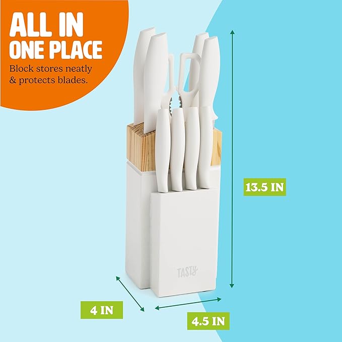 Tasty Kitchen Knife Set with Block, Cutlery Set includes Chef, Bread, Utility, Paring, Steak Knives & Shears, 10-Piece, White