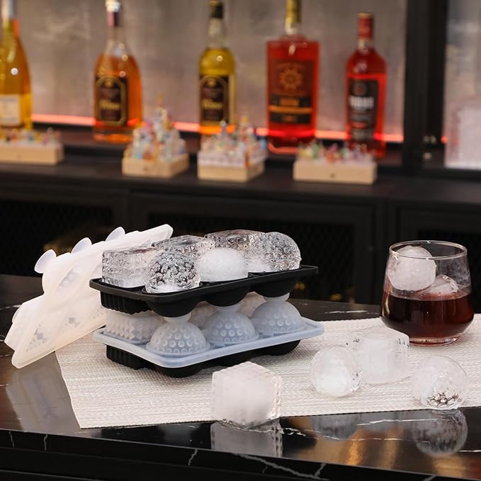 Hoolerry 2 Pcs 3D Golf Gifts Silicone Ice Cube Tray 2.2'' Fun Shape Large Silicone Ice Cube Molds 3 Big Crystal Cubes 3 Sphere Golf Mold 6 Holes with Funnel for Whiskey Cocktails Christmas Party