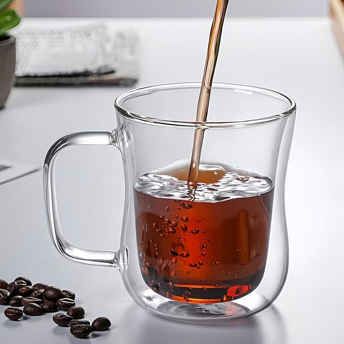 Double Wall Glass Coffee Mugs Set, Teacup with Saucer and Spoon Set of 2 Pack, 8.5oz/260ml for Cappuccino, Latte, Hot and Cold Drinks (Clear - Waisted Style - 2 Pack)