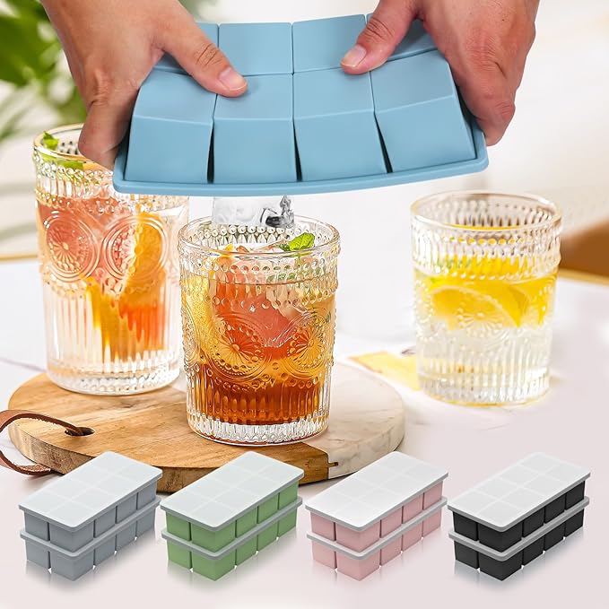 Large Ice Cube Molds, 2 Pack Easy Release Ice Trays for Freezer with Lid, Stackable Square Big Silicone Ice Cube Tray BPA Free Slow Melting for Bourbon Whiskey, Cocktails, Iced Coffee (Black)