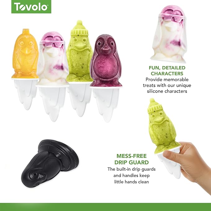 Tovolo Penguin Popsicle Molds Set of 4 Silicone Ice Pop Maker with Drip Guards, Dishwasher Safe Fun Penguin Pop Molds for Kids, BPA Free Food Safe Silicone Penguin Gift Popsicle Makers