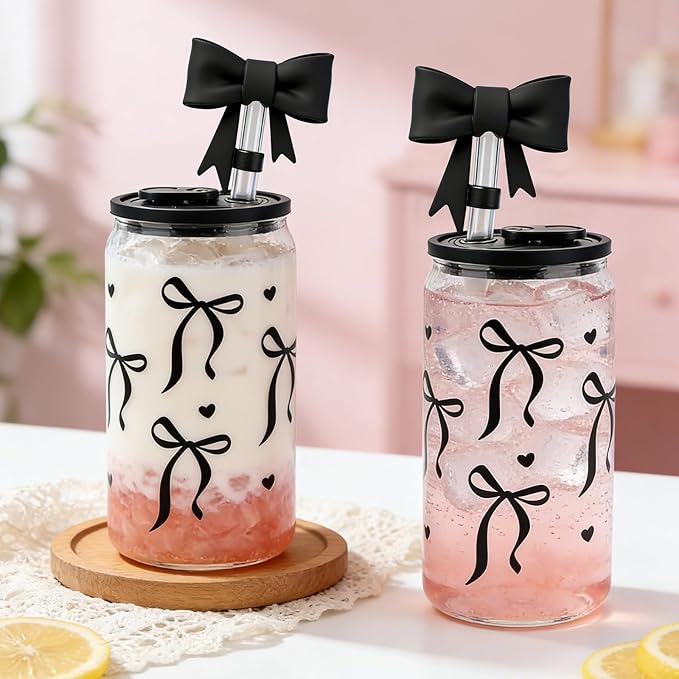 Mason Life Bow Glass Cup 18 OZ with Designs, Black Bow Cup for Preppy Stuff, Cute Tumbler with Straw Cover & Keychain for Women Teen Girls Iced Coffee, Matcha and Smoothies
