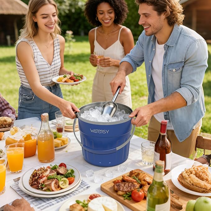 WATERSY Insulated Ice Bucket(8 Quart / 7.6 L) with Lid, Scoop, Ice Tong,Wall Vacuum Stainless Steel, Blue