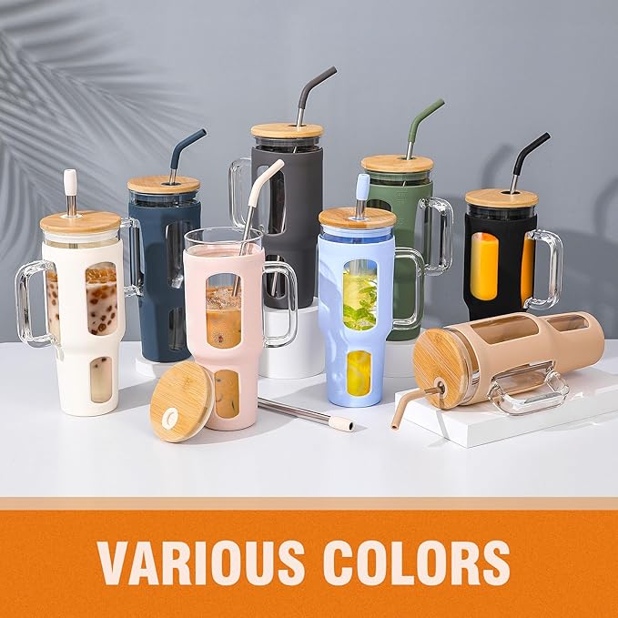 WINSA Glass Tumbler with Lid and Straw, 46 oz Iced Coffee Cup with Handle, Large Water Bottles with Silicone Sleeve, Glass Cup with Straws - Pearl Straw & Drinking Straw BPA Free-Grey