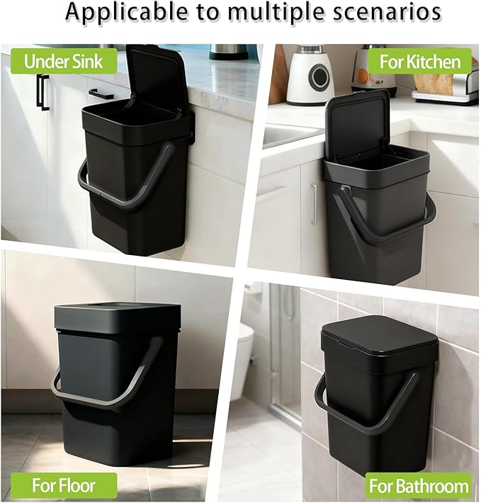 Compost Bin Kitchen, for use on Countertops or Under Sinks, Hanging Trash Can with Lid, Mountable Indoor Compost Bucket, for Cupboard/Bathroom/Bedroom/Office/Camping (Black 1.3 Gallon/5L)