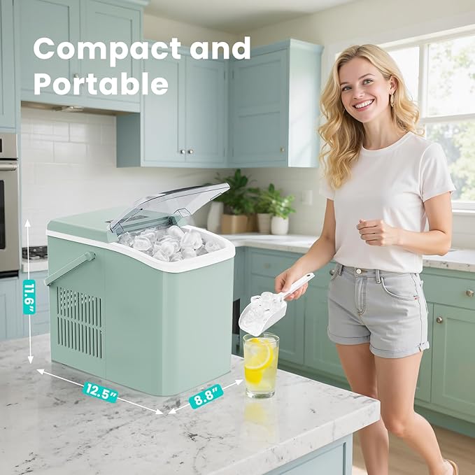 OLIXIS Ice Maker Machine with Handle,26lbs in 24Hrs,9 Ice Cubes in 6 Mins,Auto-Cleaning Portable Ice Maker with Basket and Scoop, Countertop Ice Maker for Home/Kitchen/Camping/RV, Sleek Green