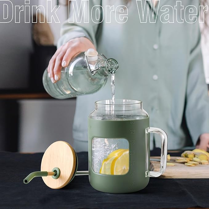 WINSA 50 oz Glass Water Bottles with Silicone Sleeve,Glass Tumbler with Lid and Straw,Iced Coffee Cup with Handle,BPA Free-Olive