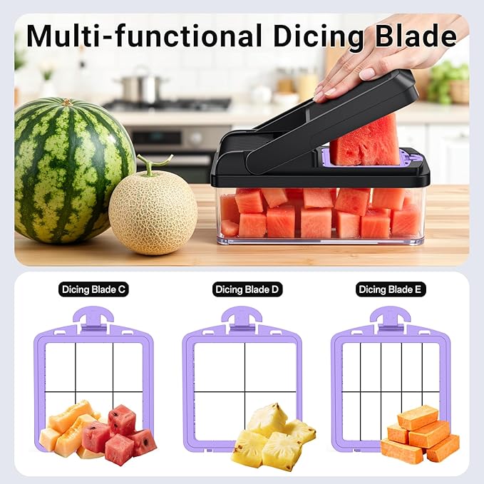SpaceHacks 12-in-1 Vegetable Chopper, Kitchen Gadgets with 10 Blades, Veggie, Food, Onion Chopper, Cucumber Slicer, Versatile Mandoline, Includes Egg Separator & Finger Guard, Purple