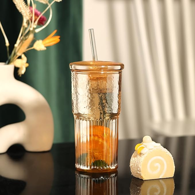 Joeyan 22 oz Amber Glass Tumbler with Straw and Lid for Iced Tea Coffee Smoothie Water Juice Beverages Soda,Ribbed Glasses Cups,Borosilicate Drinking Jar,Set of 2,Dishwasher Safe